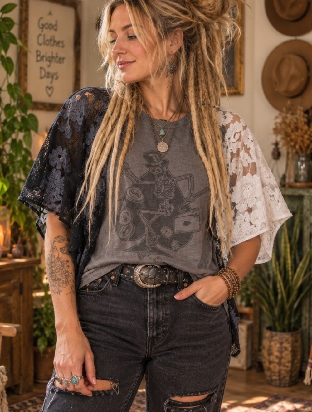 4/$15 Lucky Brand Skeleton Graphic Tee | Sheer Lace Sleeve Top Goth Grunge Boho